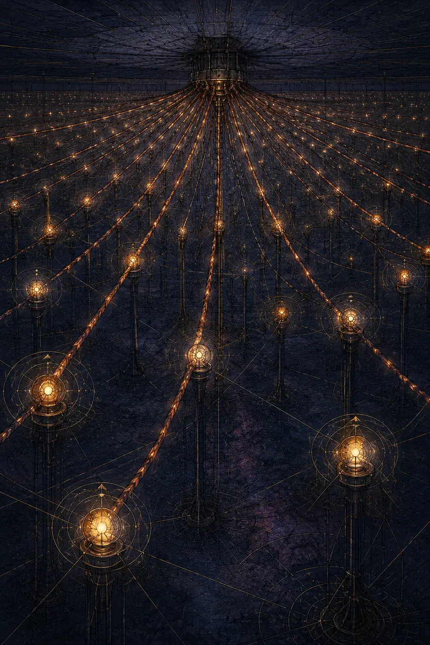Abstract dependency network of nodes capped by an unseen ceiling, geometric form in midnight indigo with rust accents