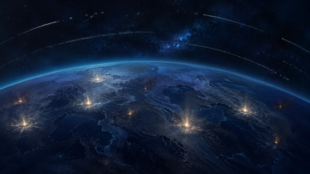 Stylized planetary network of ten transmission nodes dimming and disconnecting from orbital links, geometric form in deep indigo with fading light points