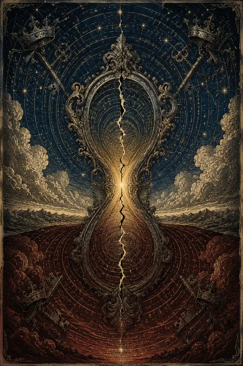 Vertical gate between two universes with a faint zero point of white light at the center and a stone-silhouette guardian standing before it, midnight indigo on the left and rust on the right