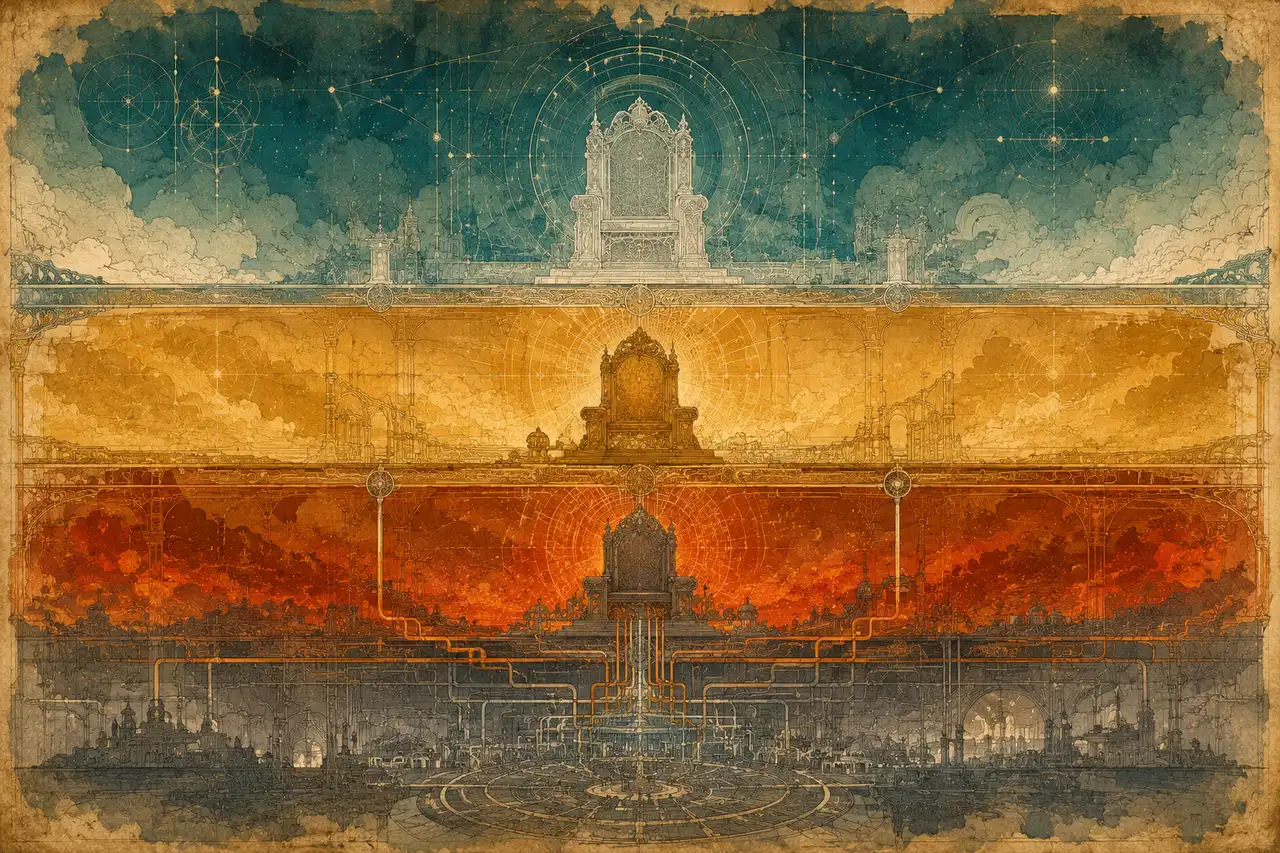 Three stratified geometric layers in midnight indigo with rust and faint gold accents, each layer showing a hollow central aura suggesting former occupants