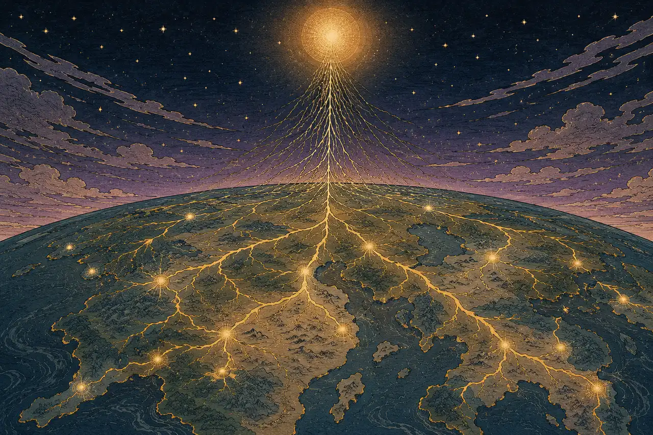 Stylized planetary cross-section with deep gold veins fanning out through the Earth's interior and distributing thin filaments of light evenly to the surface, against a midnight indigo backdrop