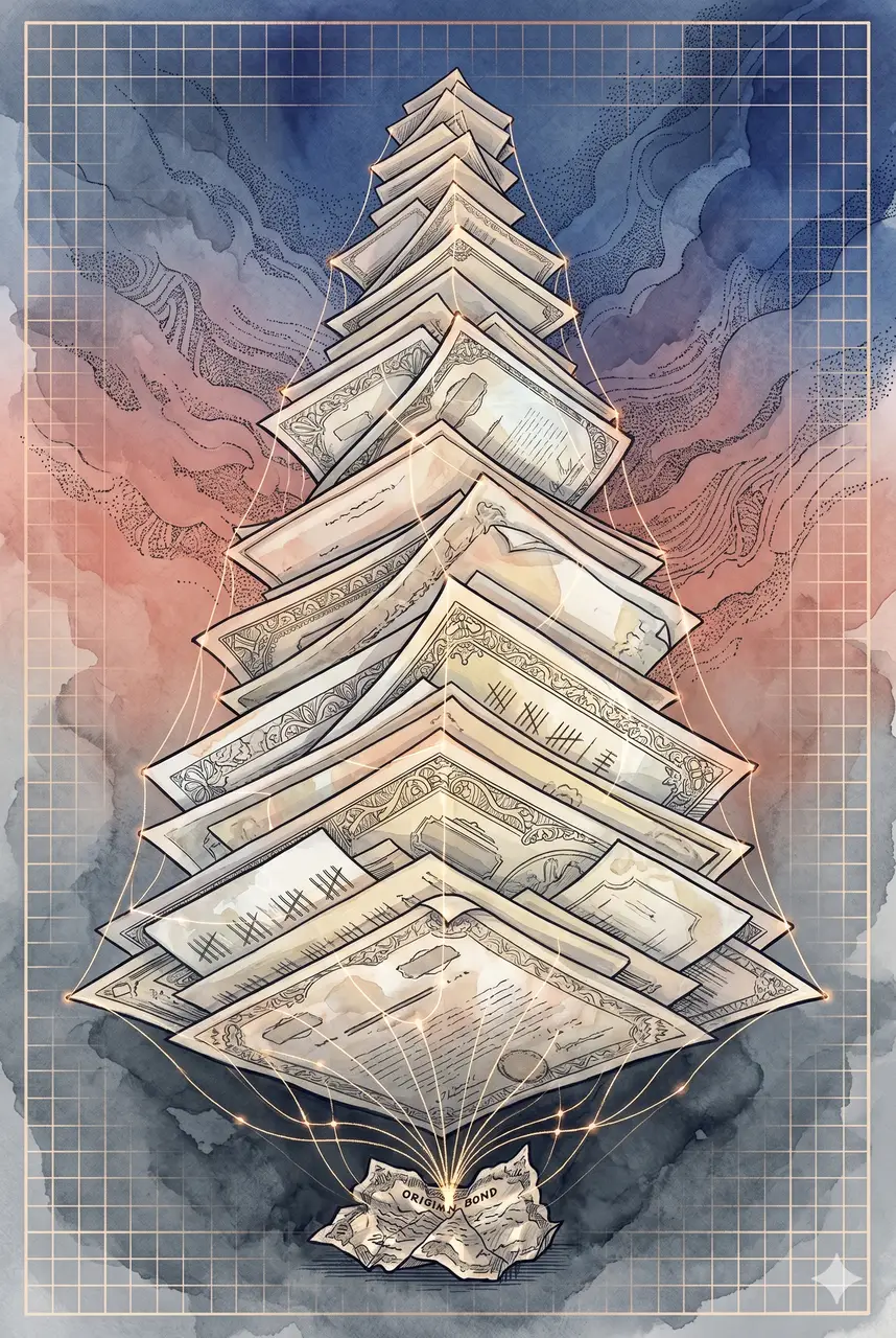 A single luminous bond document at the top of an inverted pyramid with a hundred faded copies fanning out beneath it, each layer dimmer and more rust-toned, against a midnight indigo backdrop
