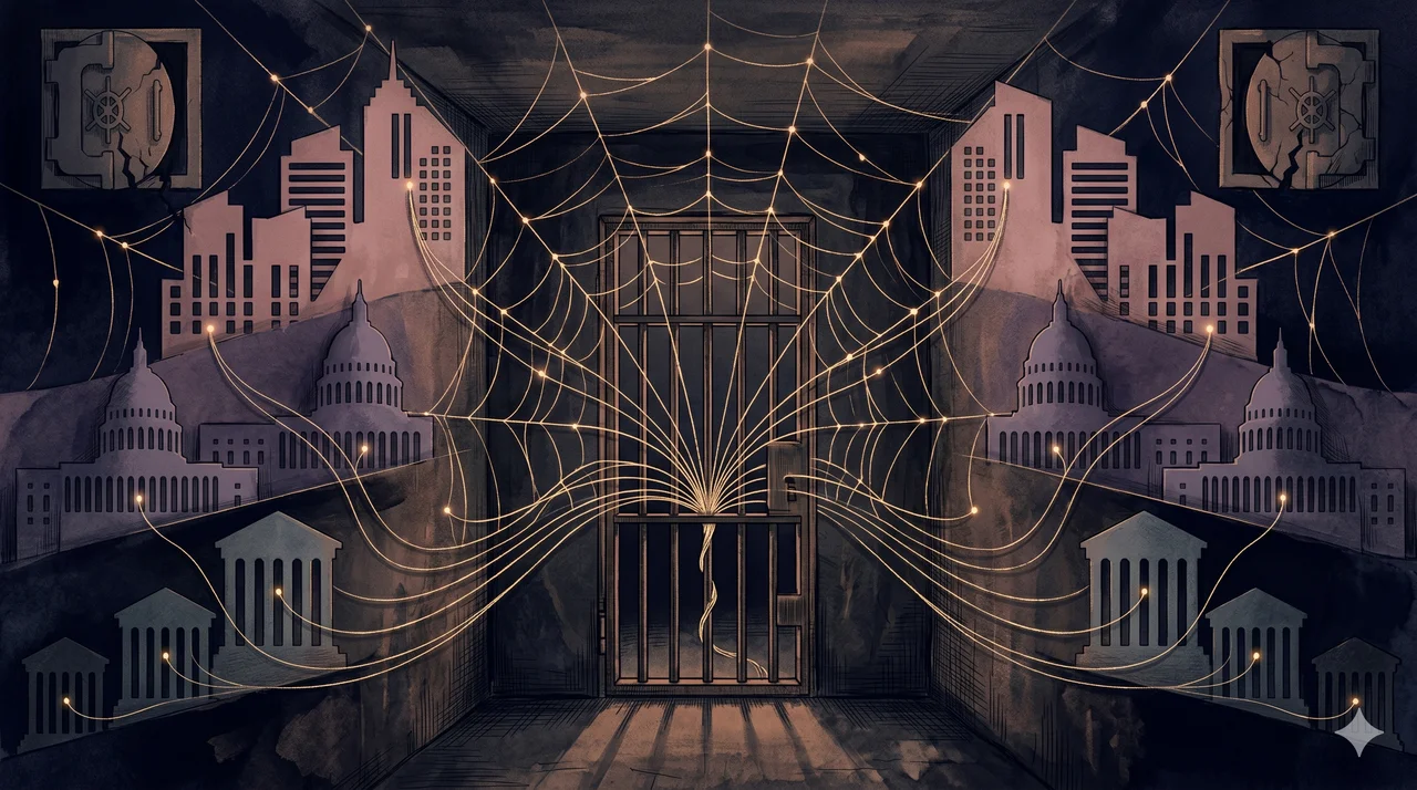 A small barred prison-cell window in midnight indigo darkness, with thin rust and faded-gold filaments radiating outward like a spider web with empty endpoints