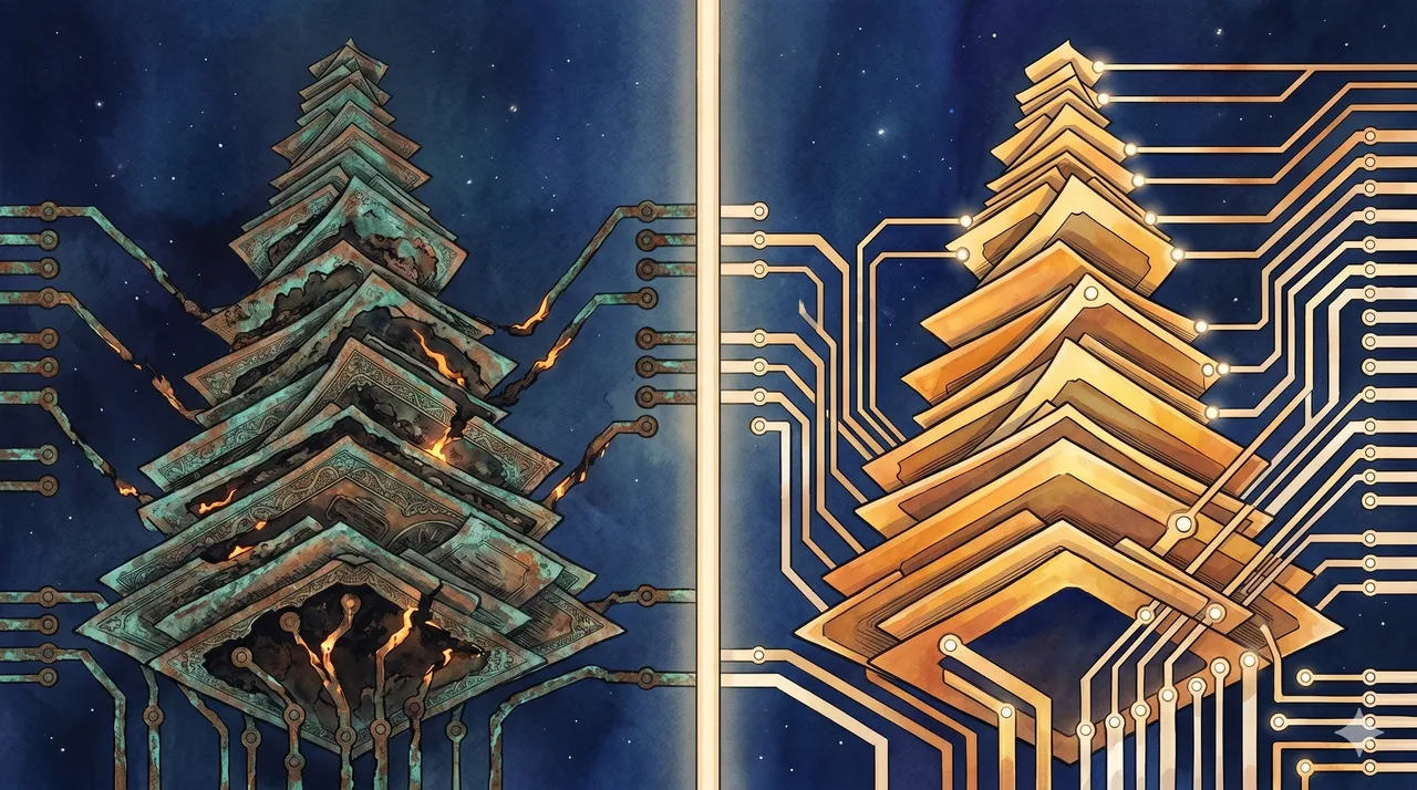 Two contrasting network diagrams transitioning across the frame: a rust and faded-gold legacy circuit on the left dissolving into a midnight-indigo lattice with pale-white luminous nodes on the right