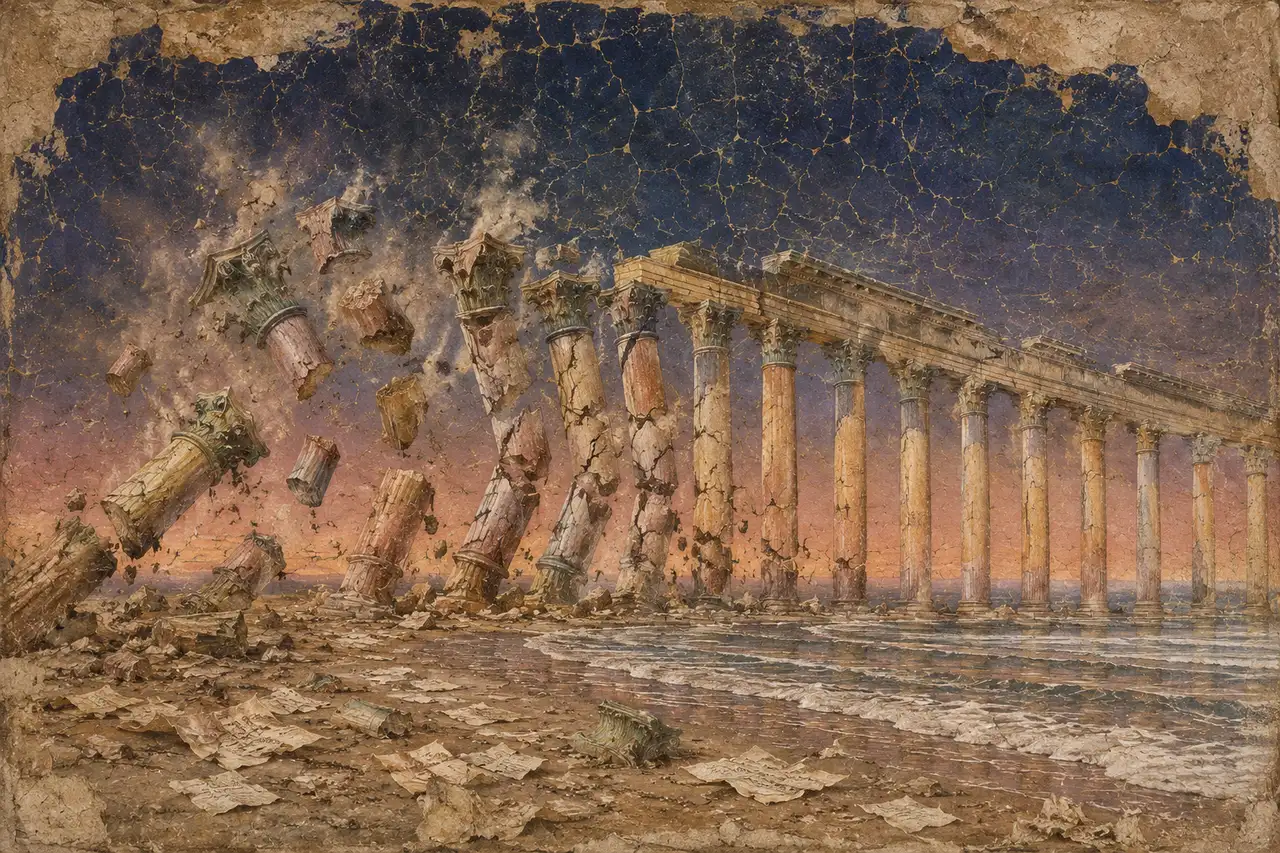 A horizontal classical colonnade collapsing in cascade from left to right, fragments arcing gently forward, rendered in faded gold and rust against a midnight indigo sky, never pure black