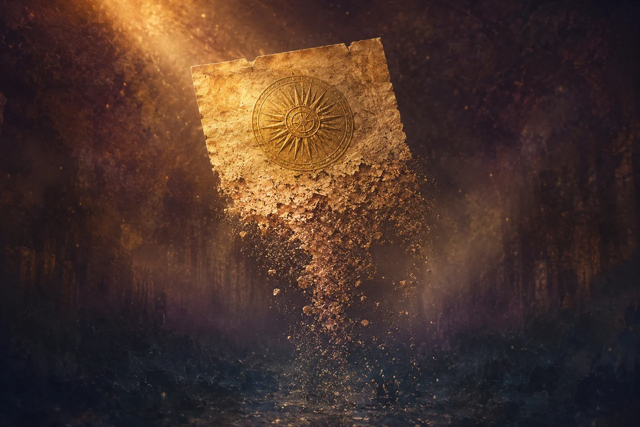 A faded gold seal of radial heraldic patterns on an aged paper document, its lower half dissolving into midnight indigo darkness, never pure black