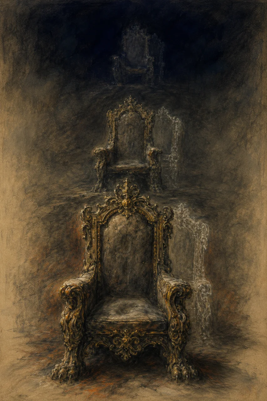 Three aged thrones arranged in receding perspective in a vertical frame, each empty, the rearmost dissolving into midnight indigo shadow, with faded gold and rust tones, never pure black