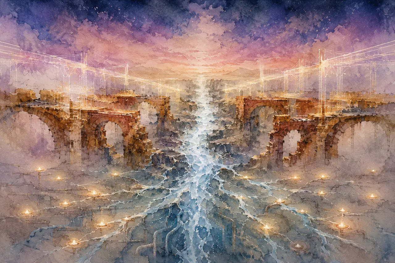 A vertical stream of pale silver water flowing through a horizontal frame, flanked by rust-toned bridge remnants overlaid with luminous white new structures, with a radial network of waterways below, against a midnight indigo gradient, never pure black
