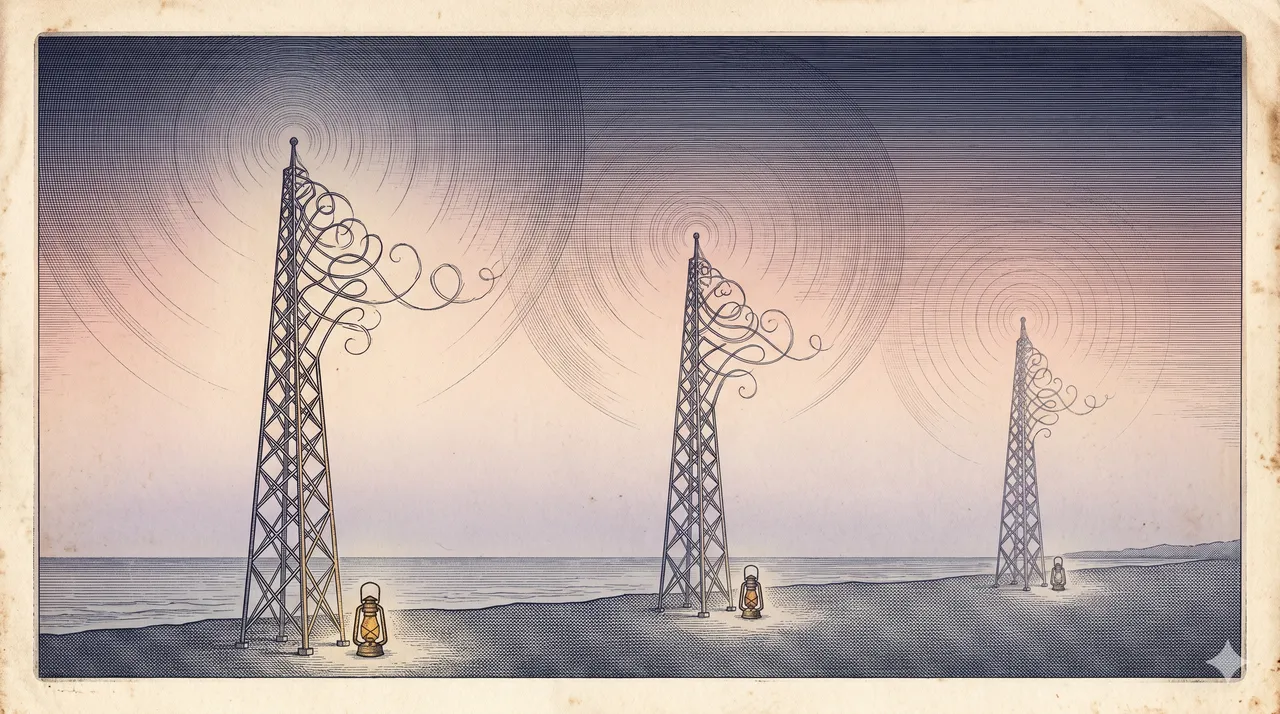 A tall abstract latticed tower on the left of a horizontal frame, with radiating wave arcs fading out midway toward the right, a single faded gold lantern at its base dimming slowly, against a midnight indigo gradient, never pure black