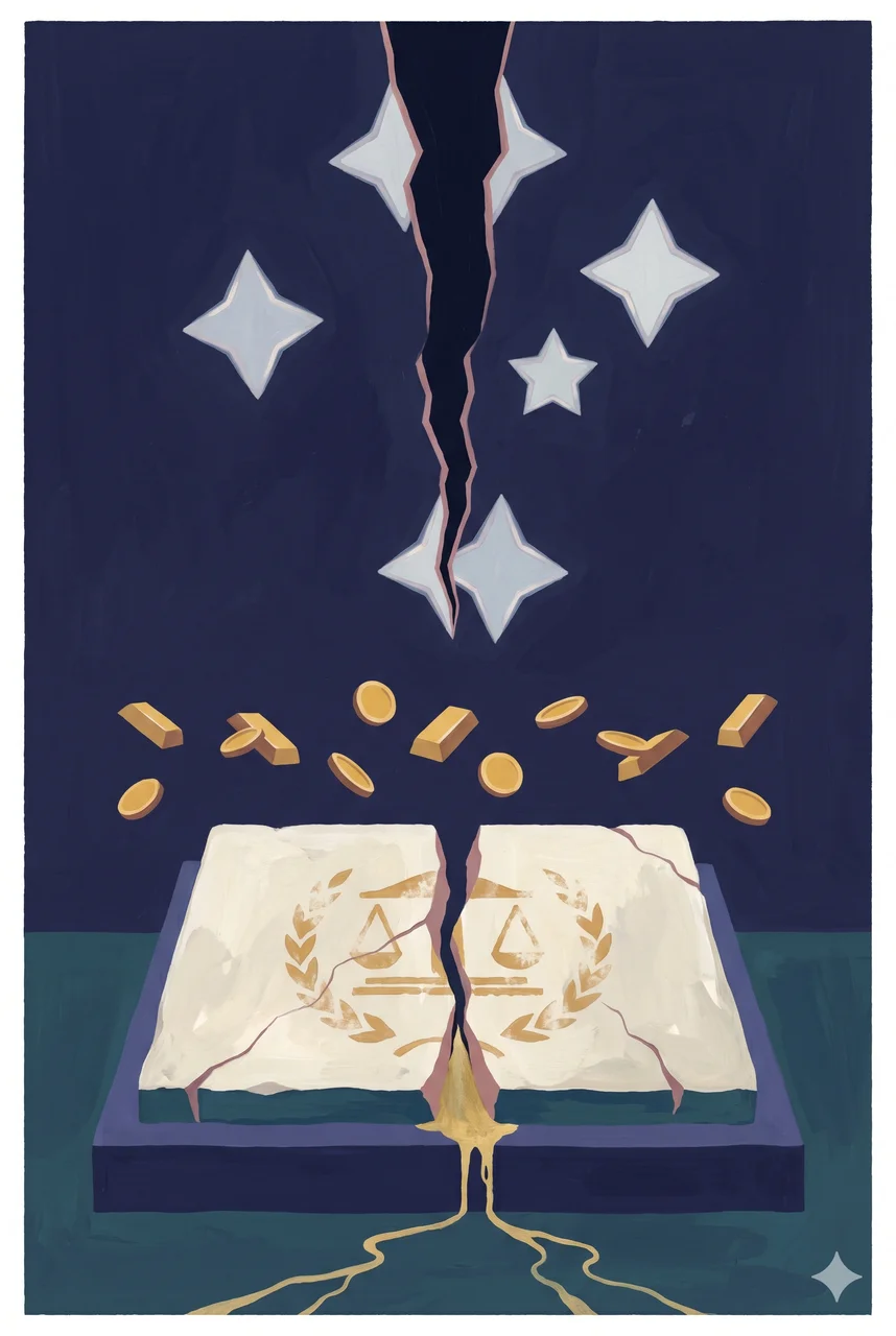 Five abstract stars arranged in cross pattern radiating pale silver light in the upper half of a vertical frame, with a cracked aged stone plate below leaking faded gold lines downward, set against a midnight indigo gradient, never pure black