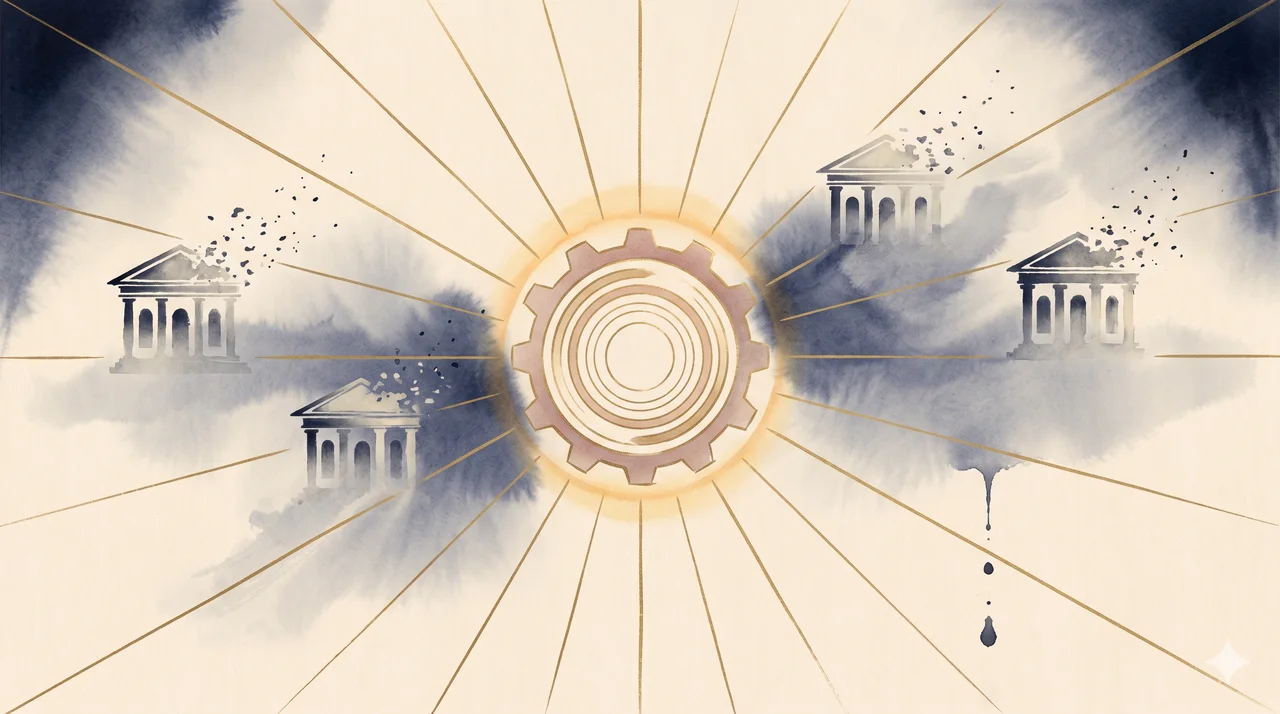 Concentric thin gold rings forming an abstract gear shape in the center, with thin gold lines radiating outward to dissolve classical bank silhouettes into pale silver mist, against a midnight indigo gradient, never pure black