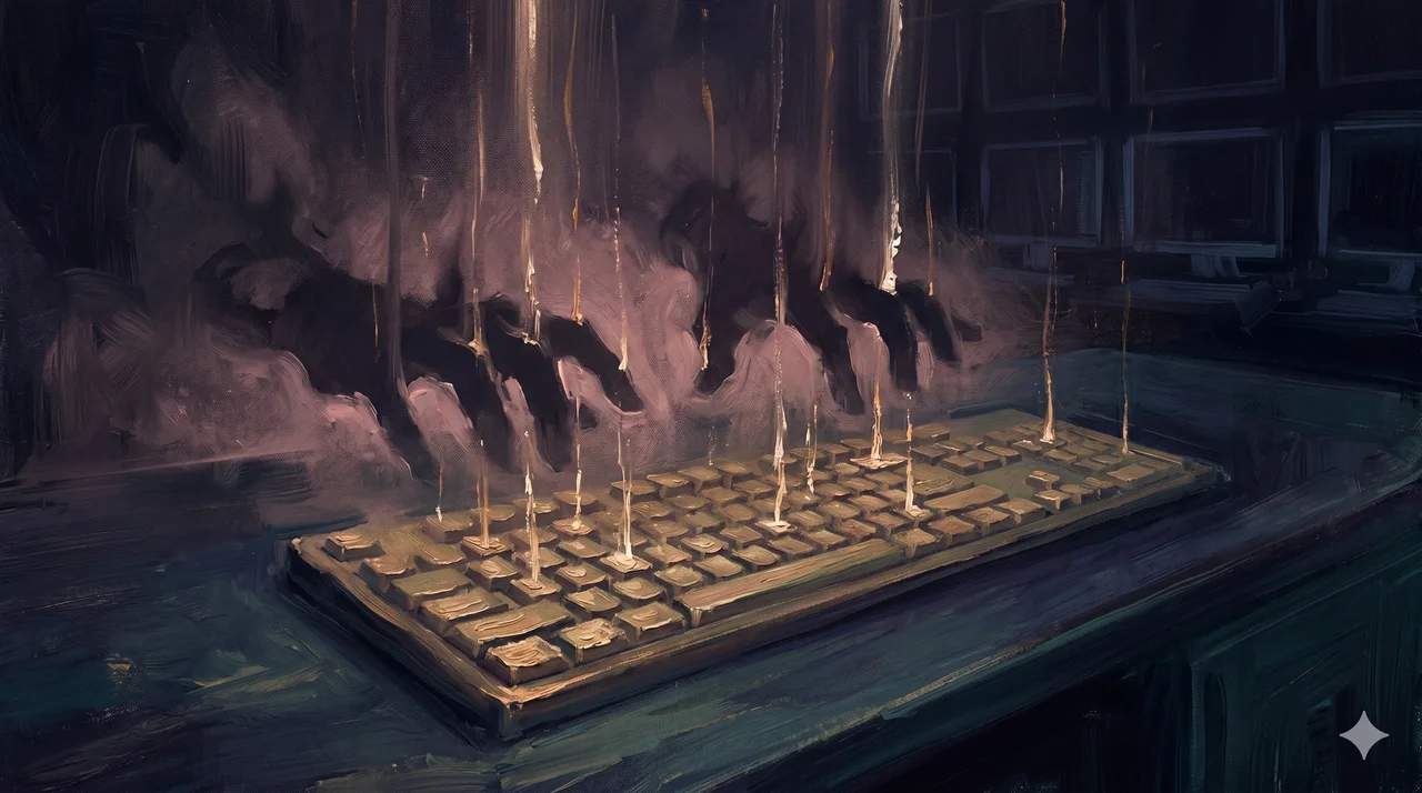 An abstract grid pattern resembling a faded gold keyboard, with thin amber light rays rising silently upward into a midnight indigo darkness, never pure black