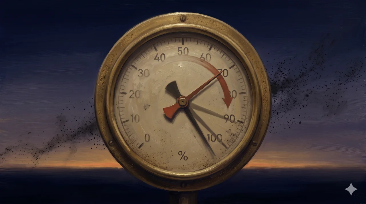 A circular gauge with the needle falling from a near-full position toward 70%, set against a slightly dimming horizon in midnight indigo and amber