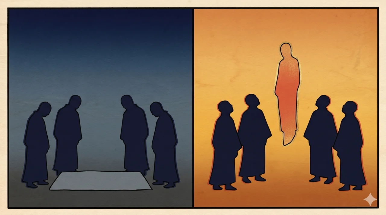 Two halves of an image in midnight indigo, left side showing figures in dark vigil around a fallen form, right side showing the same figures around a luminous standing form facing outward, never pure black