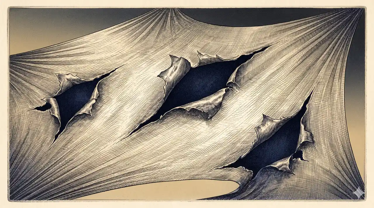 A pale woven fabric of light stretched across a dim sky in midnight indigo, with several jagged tears showing dark gaps behind it, never pure black