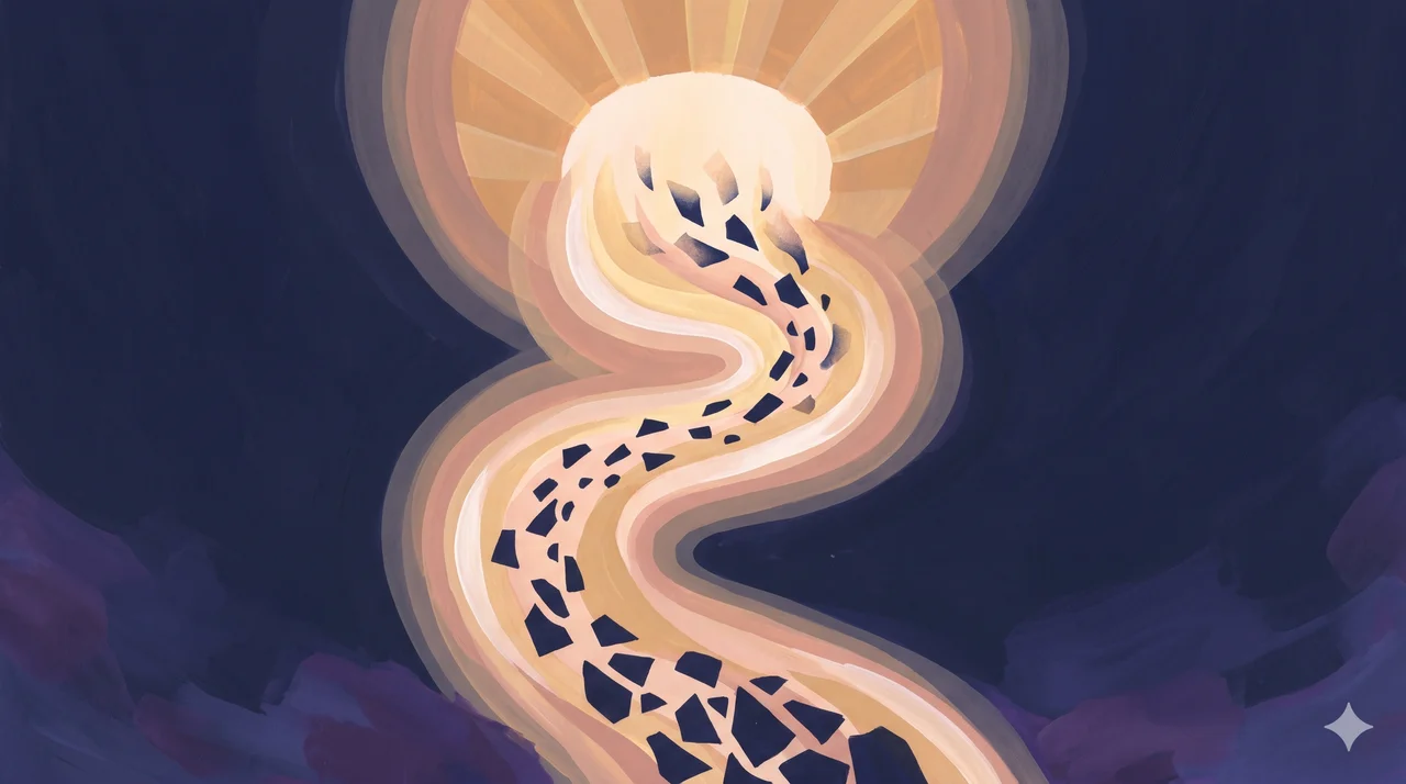 Many small dark fragments flowing upward along a single bright spiraling channel into a luminous opening above, against midnight indigo, never pure black