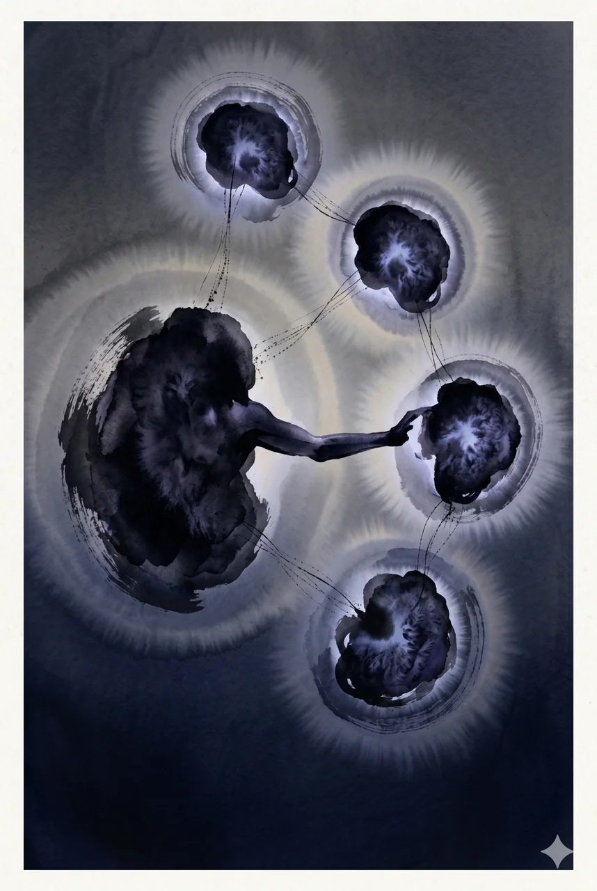 A central dark silhouette in midnight indigo, one arm splitting off and that arm regenerating into a smaller but complete dark silhouette beside it, the cycle repeated three times outward, never pure black