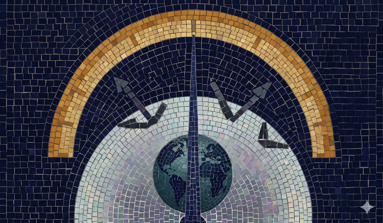 A circular gauge with its needle resting halfway down, the lower half forming a translucent dome over a stylized earth silhouette, with small dark shapes bouncing off the dome above, in midnight indigo and amber, never pure black