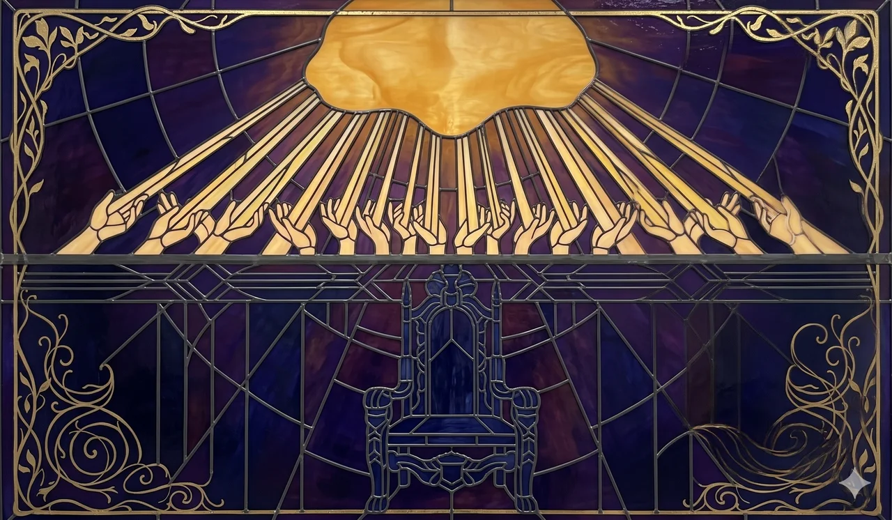 An empty ornate chair below, and above it a luminous figure pouring streams of warm gold light downward toward many open human hands, in midnight indigo with amber and pale gold, never pure black
