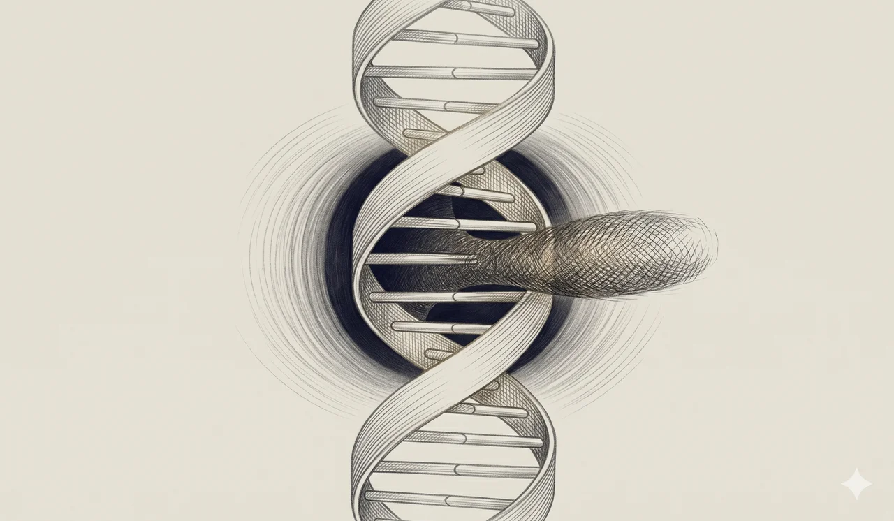 A faint DNA helix rendered as nested rings of light, with a dim portal opening in the background and a dark elongated shape attempting to pass through the rings, in midnight indigo and amber, never pure black