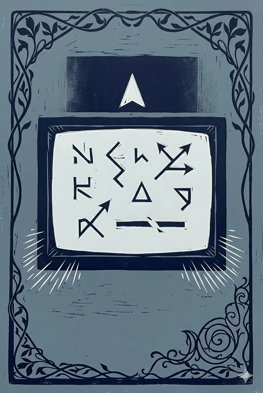 A dim screen-like rectangle floating in midnight indigo space with several fragments of shorthand symbols glowing faintly across its surface, never pure black