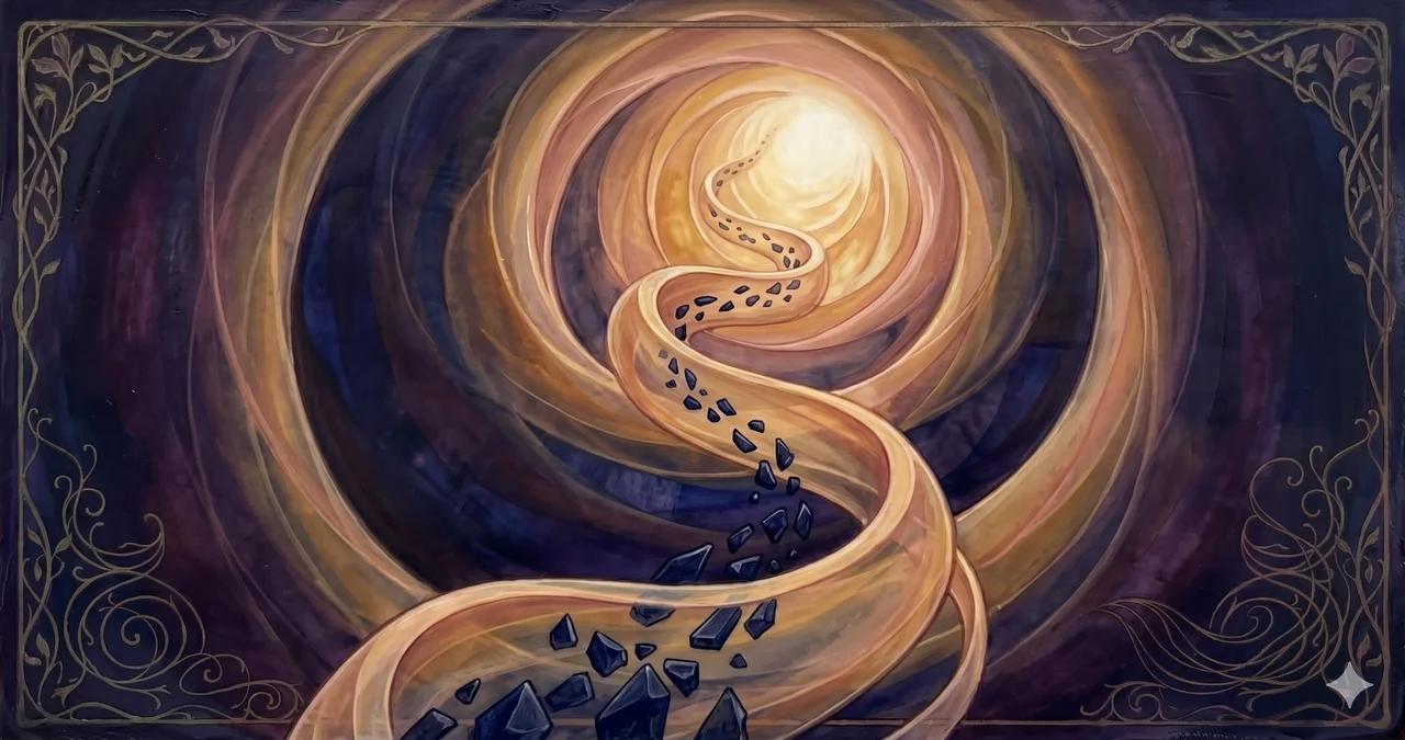 A spiraling tunnel of amber light pulling small dark fragments upward into a luminous opening, set against midnight indigo, never pure black