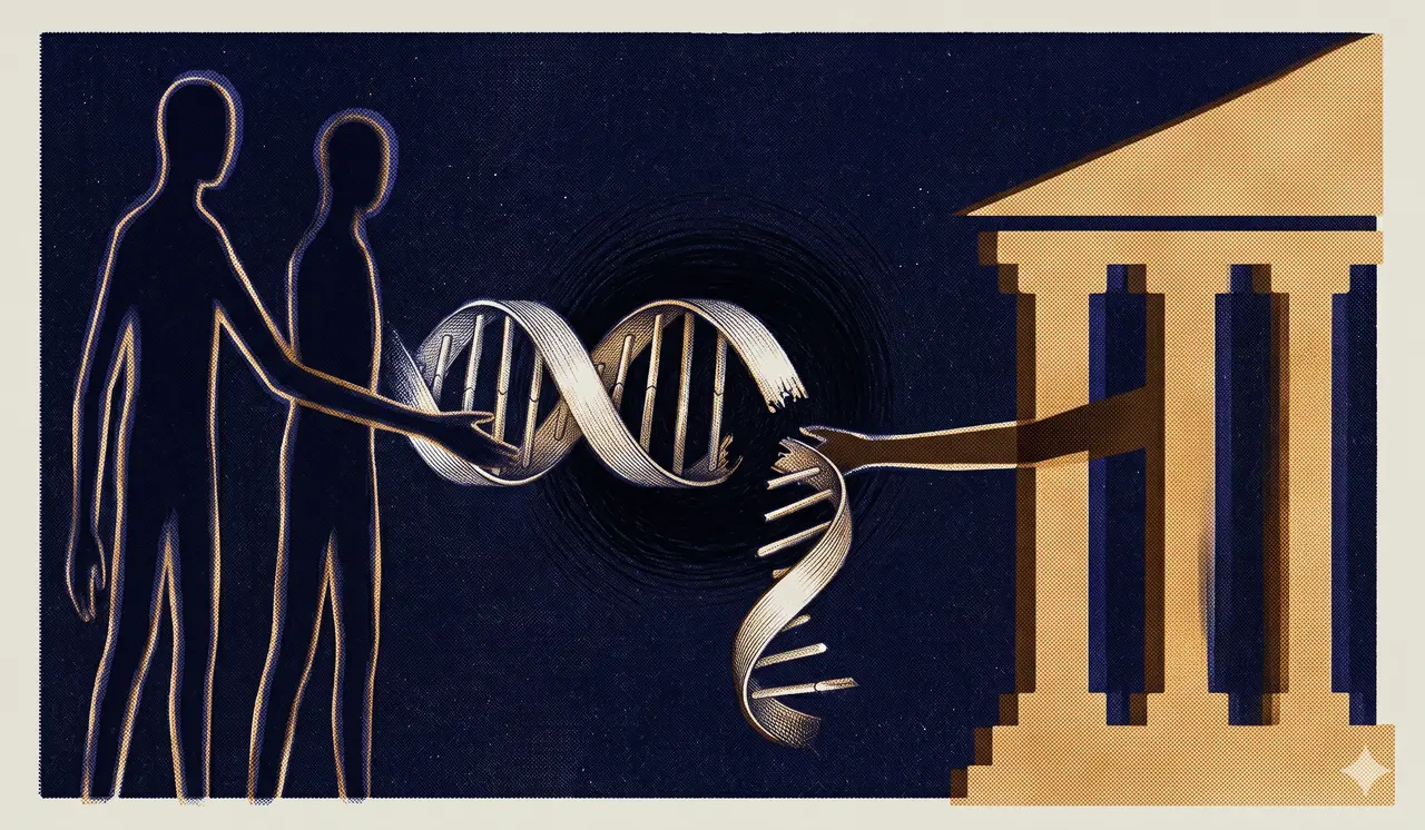 Two tall slender silhouettes handing a deliberately broken helical structure to a generic columned building in midnight indigo, with one strand visibly cut, in muted amber and indigo, never pure black