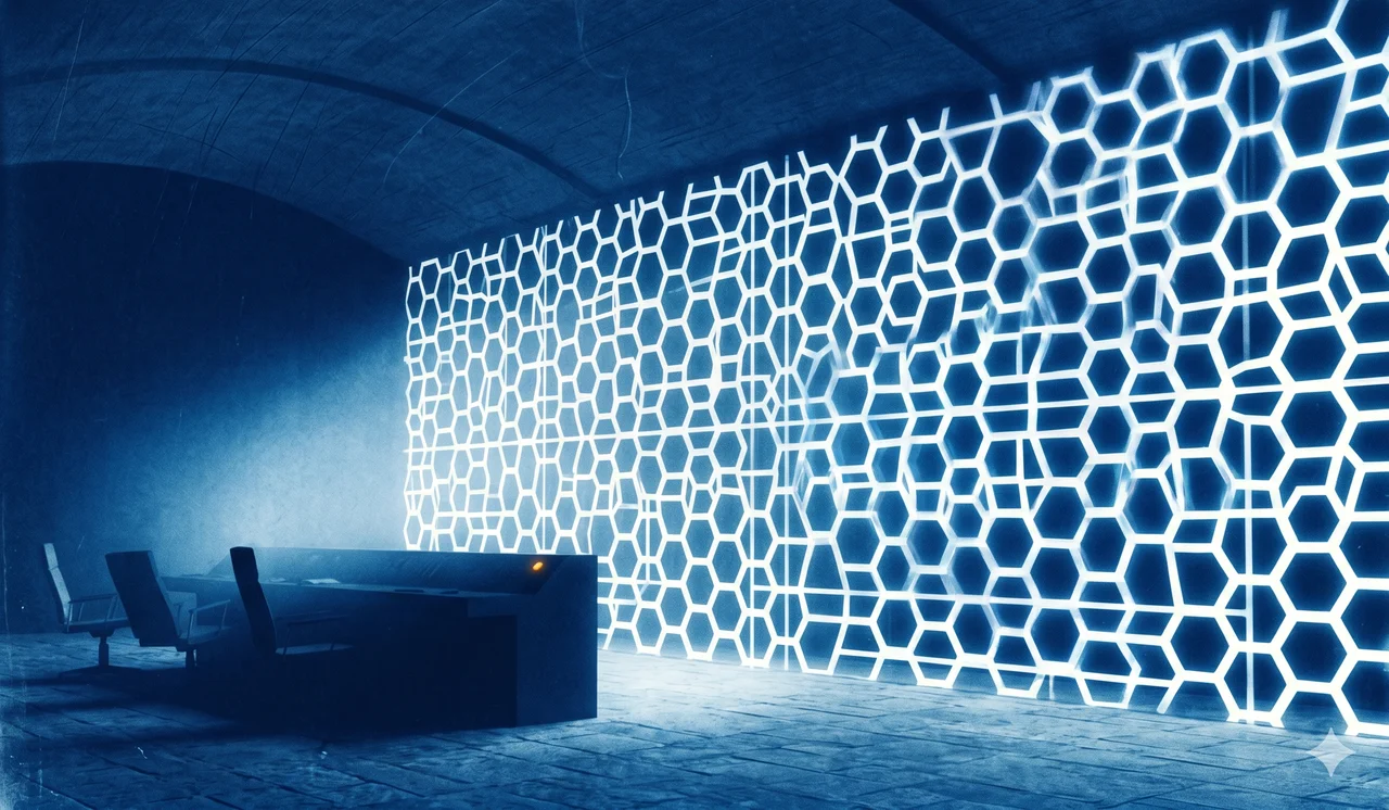 Silhouetted figures from behind seated before a vast cold-blue lattice of firewall light, the room dim and underground, set against midnight indigo, never pure black