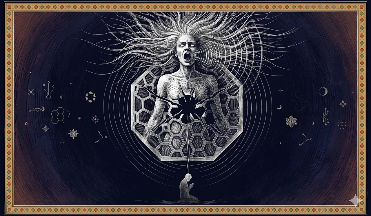 A wraith-like female figure with wild long hair, her skin split into stark black and pale white halves, ghost-like contours fading at the edges, with concentric sound waves emanating from her mouth in midnight indigo and dim amber, never pure black
