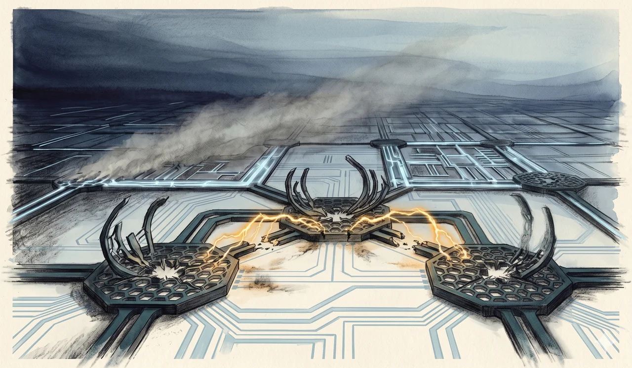 A vast circuit board of glowing pale-blue traces, with several segments burned out and arcs of amber light fizzling between broken contacts, set against midnight indigo, never pure black
