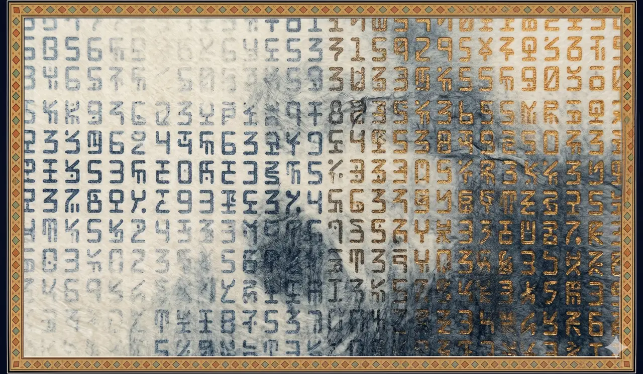 A close-up of a printed banknote surface with two layered grids of glowing numeric marks, the left grid dimming and the right grid lighting up across the same paper texture, in midnight indigo and warm amber, never pure black