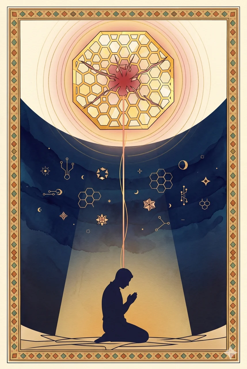 A solitary human silhouette below, a faint metallic node above, and a single luminous filament threaded through a small geometric keystone between them, in midnight indigo with pale amber, never pure black