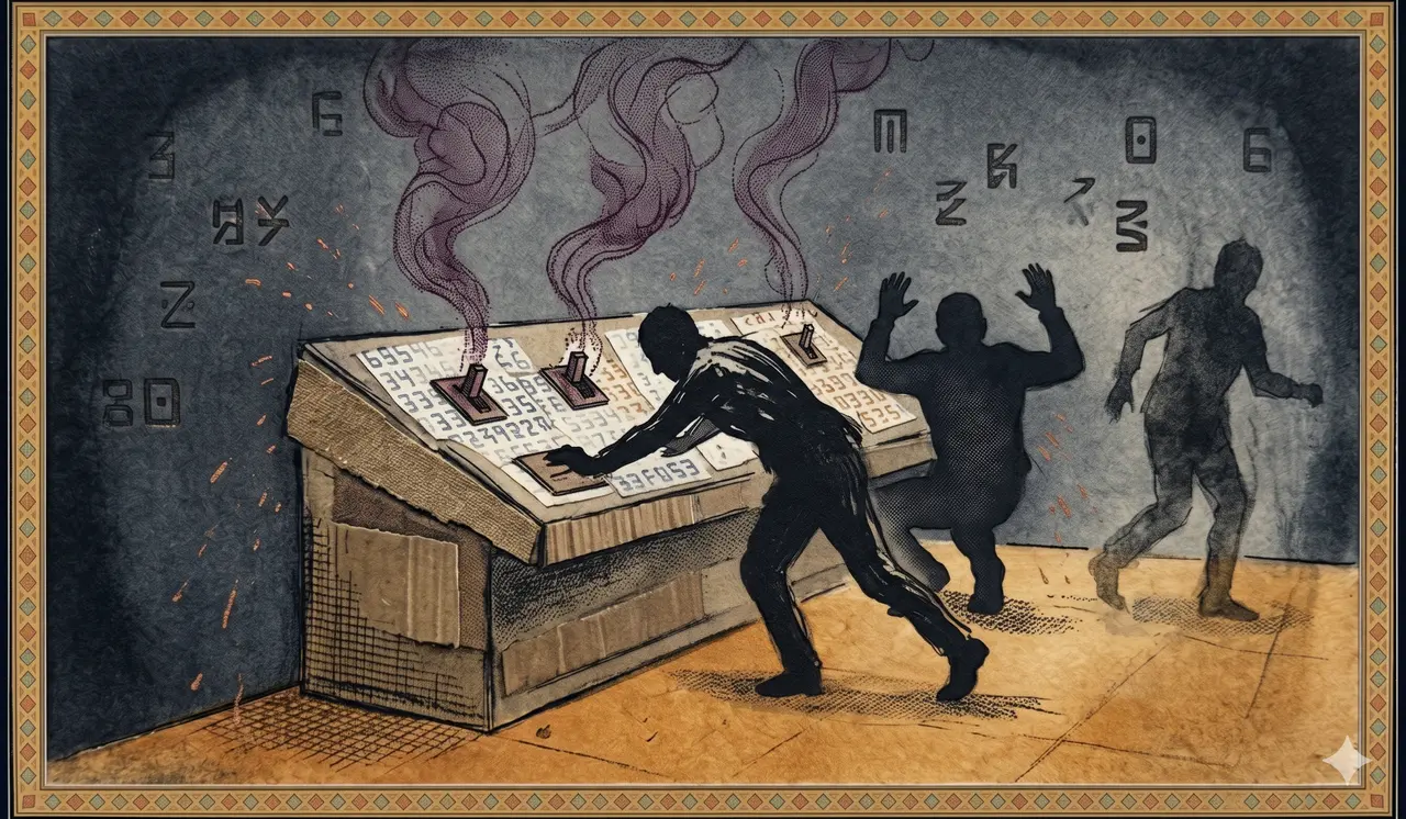 Three frantic silhouettes scrambling around a tilted control console, with thin trails of smoke rising from broken switches and faint sparks falling toward midnight indigo flooring, dimly lit in amber, never pure black