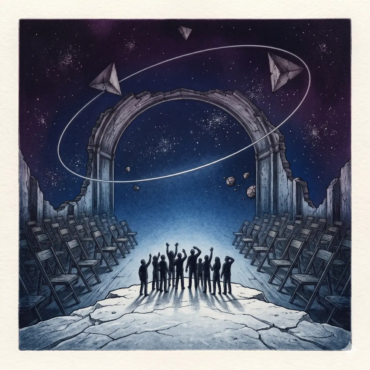 A vast empty orbital track in deep space with no vessel along it, a small cluster of waiting figures silhouetted on a desolate ridge below looking upward, lit by faint silver starlight in midnight indigo, never pure black