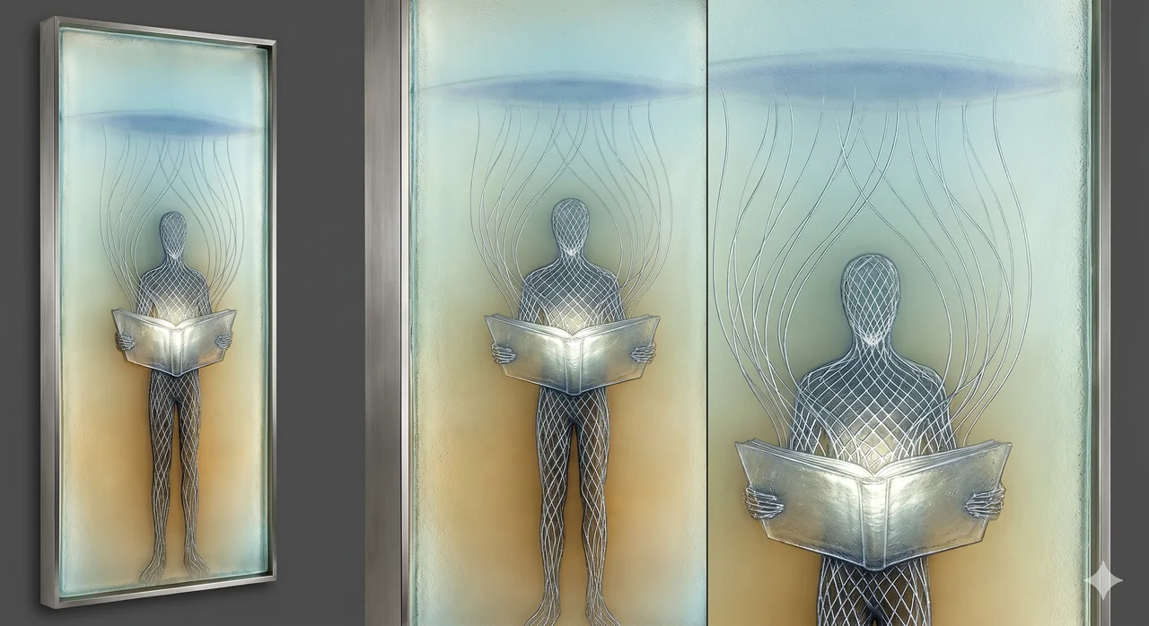 A tall narrow archivist figure of pale luminous filaments holding open a transparent ledger, light threads streaming upward from the page into a distant blue plane, the surrounding space lit with cool silver against midnight indigo, never pure black