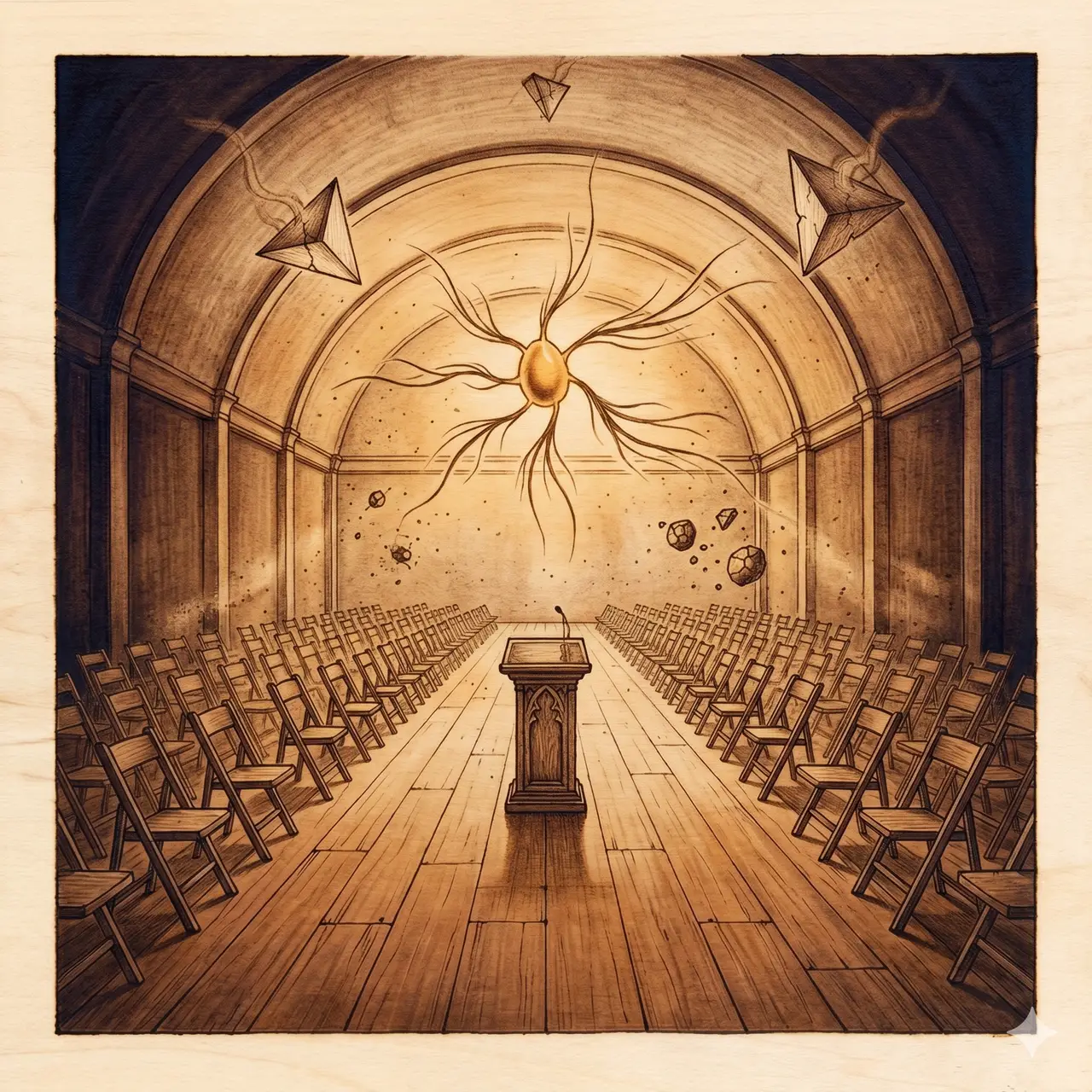 An empty wooden podium in a vacant press hall, soft amber light falling across blue carpet, rows of folded chairs facing the lectern with no one approaching it, in midnight indigo, never pure black