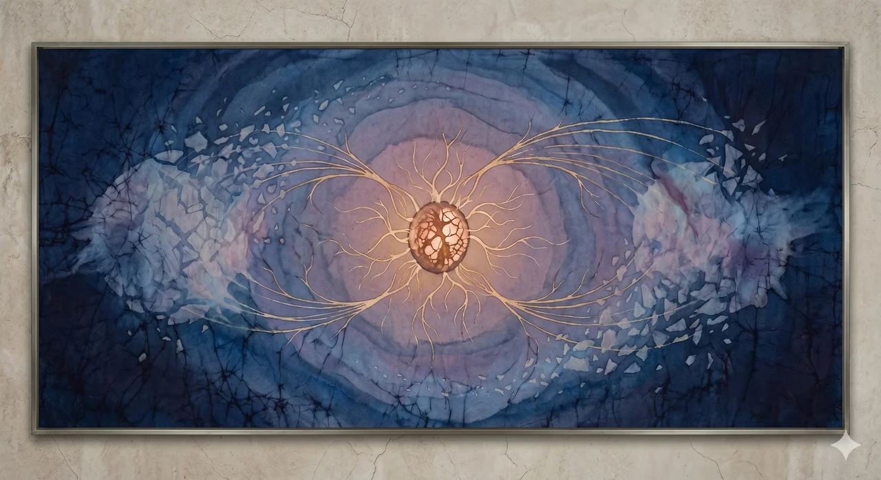 A small luminous seed of warm amber light unfurling into delicate root and branch lines across a vacant cosmic field where two earlier system silhouettes have faded into translucent outlines, set against midnight indigo, never pure black