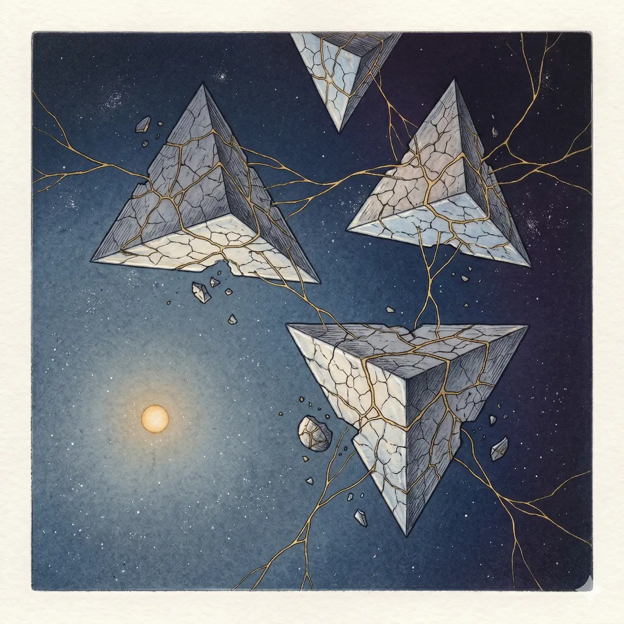 Several angular tetrahedral structures suspended at the outer boundary of a star system, their faces reflecting cold metallic light, the solar disc small in the distance, all set against midnight indigo with faint amber, never pure black