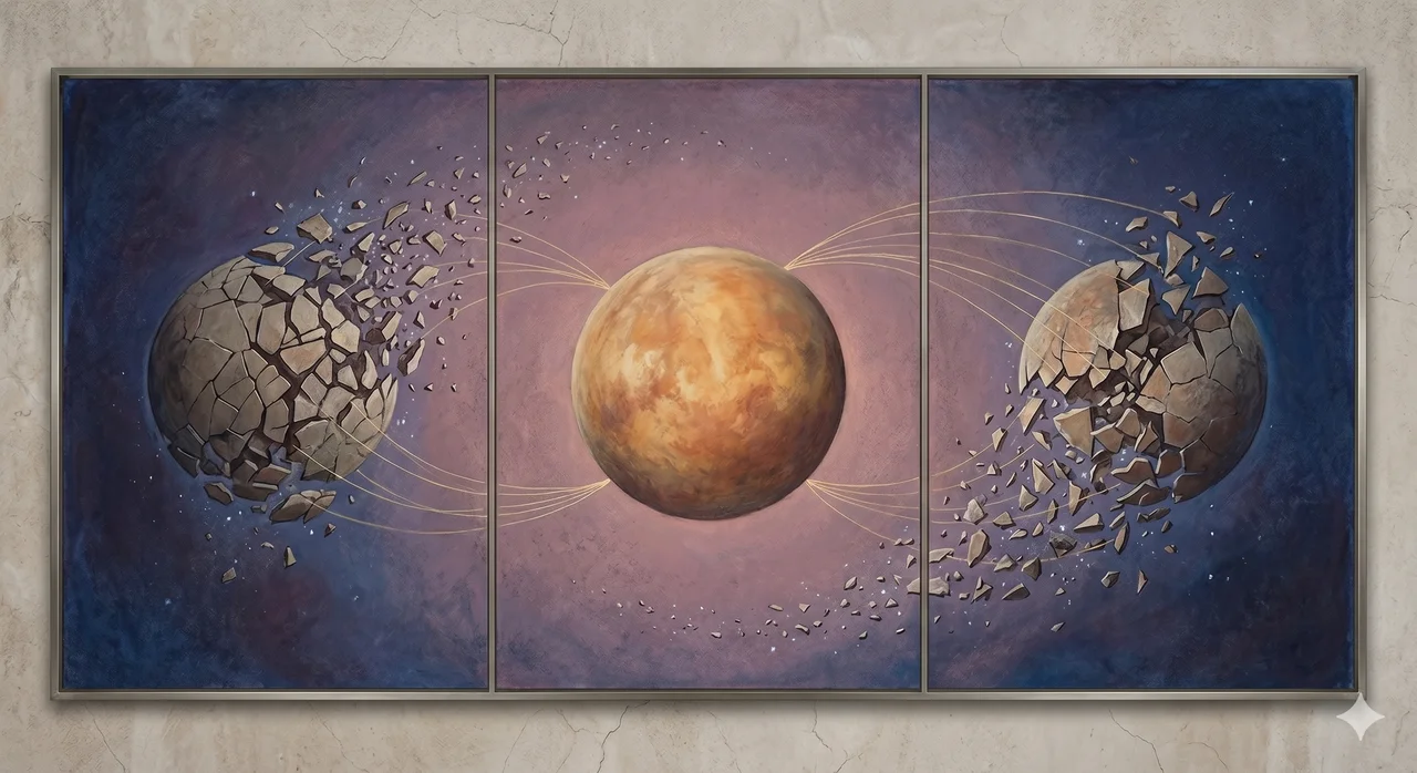 Three planetary shapes hanging in deep space, two of them fragmented into drifting shards while the third remains whole at the center, faint amber light running between all three points, set in midnight indigo with cool starlight, never pure black