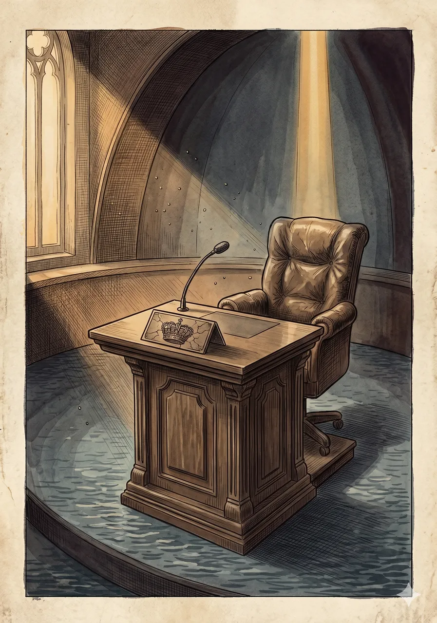 A vacated office podium photographed at slight low angle, faint amber daylight crossing an empty leather chair behind it, a name plaque tipped face-down on the desk, dust visible in the still light, set against midnight indigo, never pure black