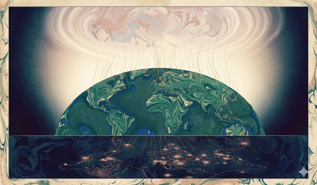 Earth viewed from middle distance with fine golden filaments rising from its surface into a transparent upper layer, the two planes lit by warm amber and pale silver light, the planet whole and intact, set against midnight indigo, never pure black