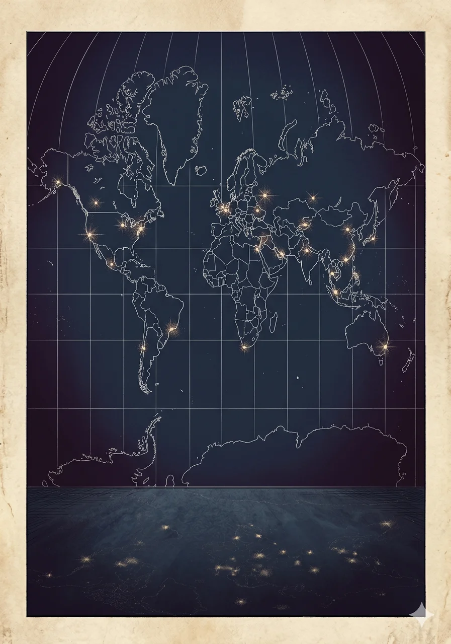 A flat world map rendered in dark indigo with twenty pale pinpoint lights distributed across continents from North America to Central Asia to the Pacific, each light very faintly dimming at the moment of capture, fine silver latitude lines underneath, never pure black