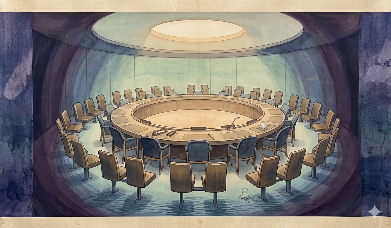 A circular UN-style council chamber from above with all seats empty, the round table catching pale amber light, microphones standing untouched, no figures present, set against midnight indigo with cool grey shadow, never pure black