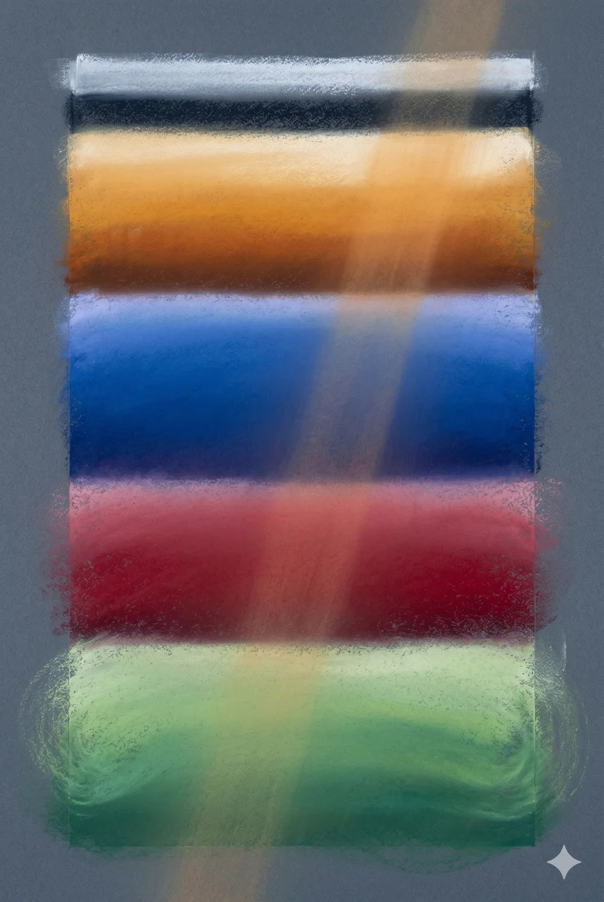 Five horizontal planes stacked vertically rendered as thin translucent layers, top layer pale silver-white over black, then gold, then blue, then red, then green at the base, faint warm light passing through the stack, set against midnight indigo, never pure black