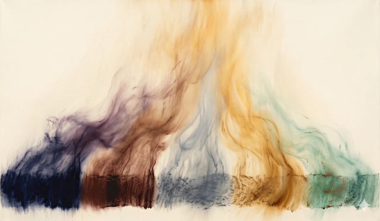 A vertical gradient transitioning from layered colors at the bottom, black, blue, red, gold, green, dissolving upward into a single warm amber current at the top, the colors thinning into translucent strands and merging, set against midnight indigo, fine silver light, never pure black