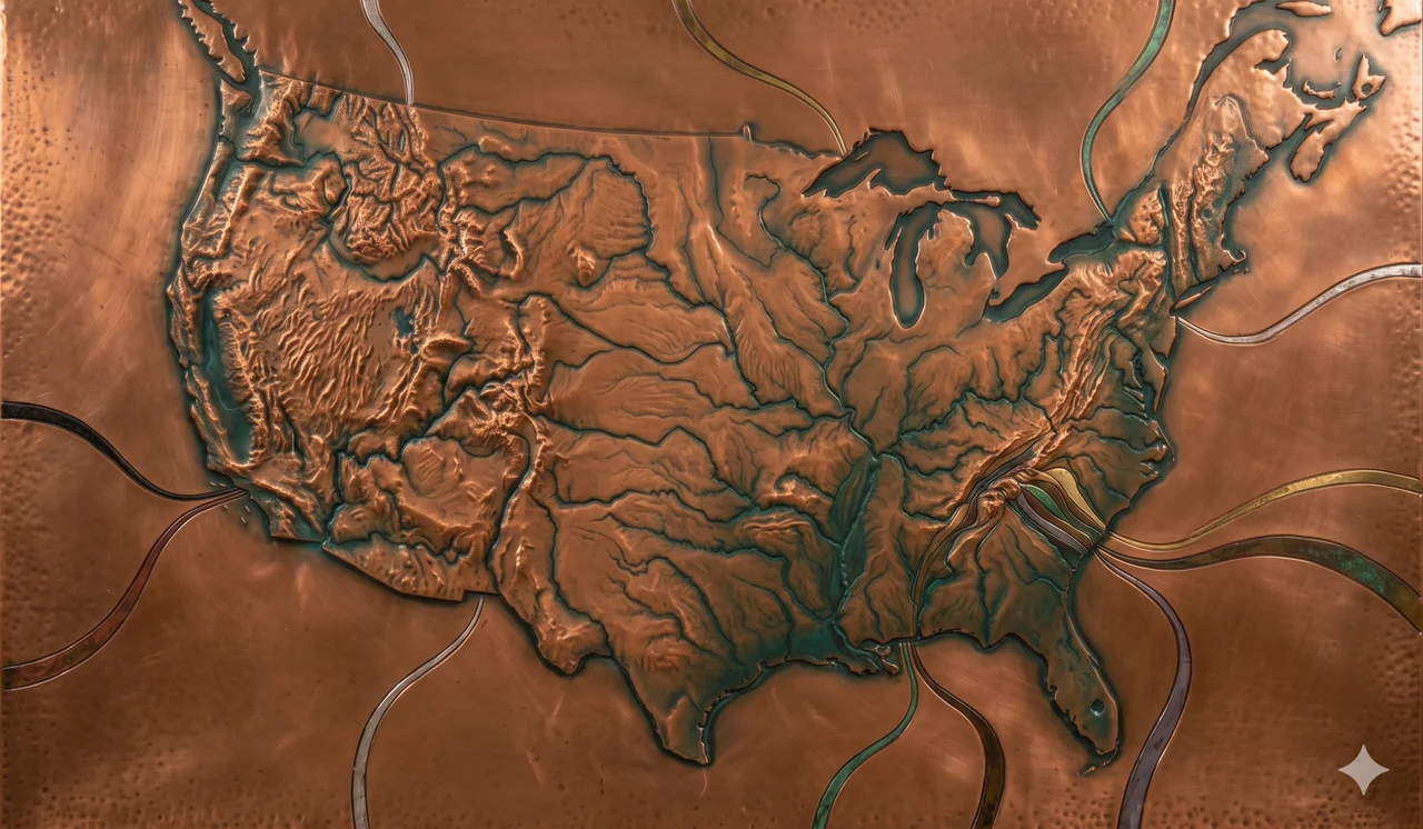 A stylized outline of the North American continent rendered in dark indigo, ten thin streams of differently colored light, black, blue, red, gold, green and five additional muted hues, all flowing inward from the edges and converging at a single luminous point near the eastern seaboard, fine silver geographic lines, never pure black