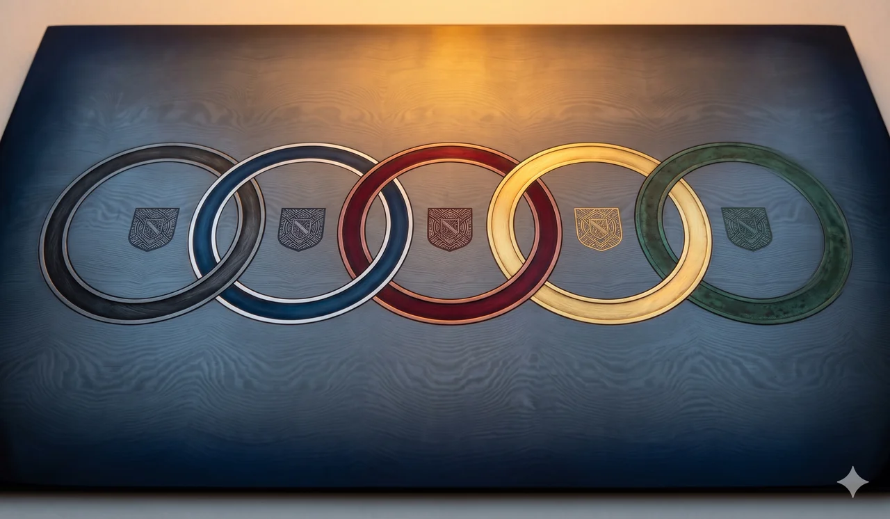 Five interlinked Olympic-style rings rendered as heraldic emblems in black, blue, red, gold, and green, each ring crossed by a faint bloodline crest motif, set on a parchment-toned ground over midnight indigo, fine silver linework, never pure black
