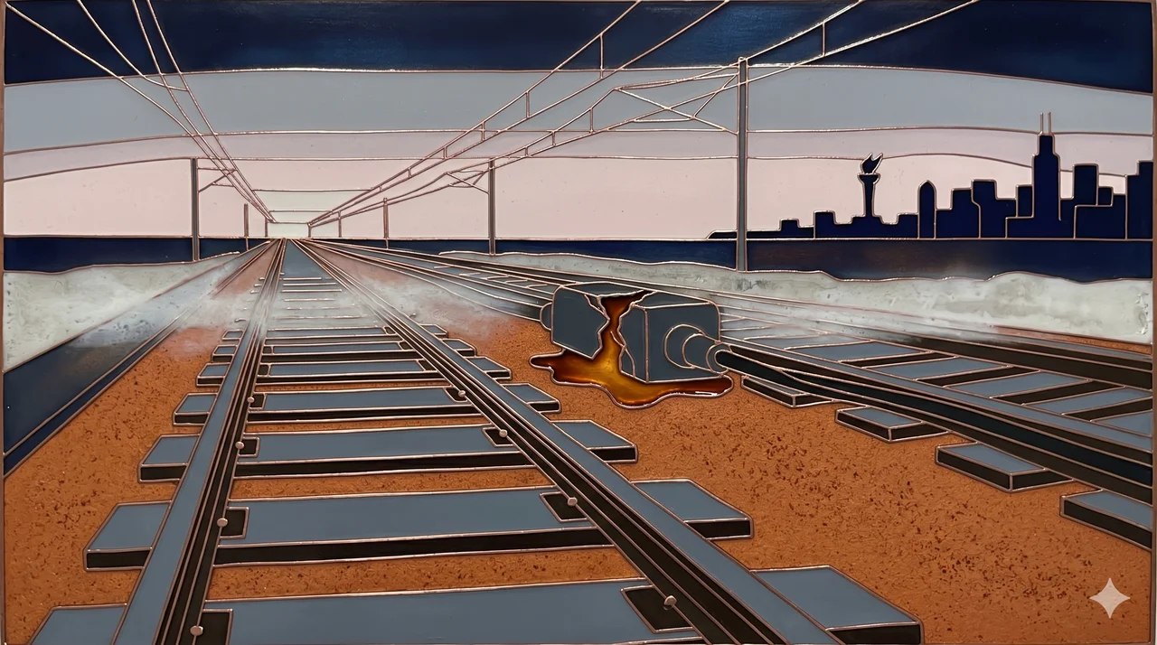 A long stretch of high-speed rail track at dawn rendered in dark indigo, faint warm orange residue glowing at a single switch box, low mist over the rails, a distant city skyline with the Olympic torch silhouette unlit, fine silver overhead catenary lines, never pure black