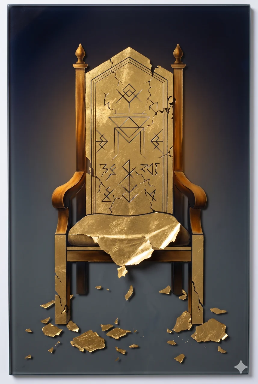 A vertical composition of a tall darkened throne rendered in deep indigo, the seat empty, faint cold light falling on the armrests, broken low-astral symbols crumbling at the base, fine silver linework outlining the throne's edges, never pure black