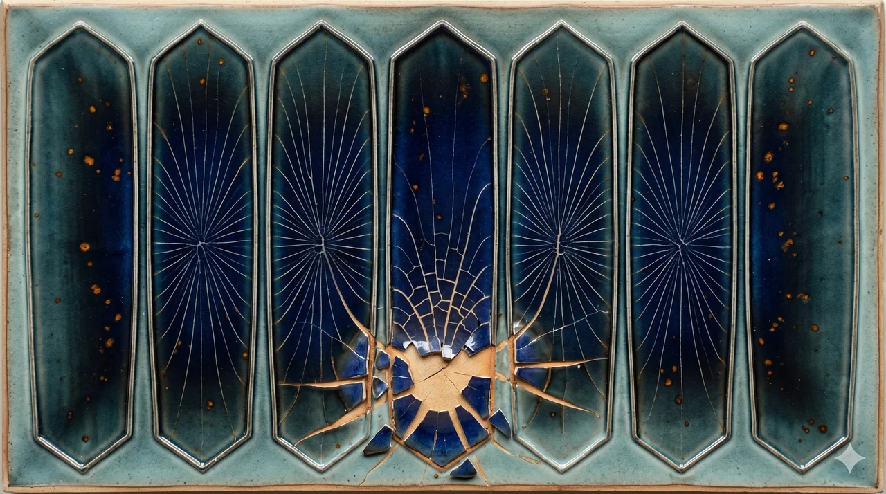 A horizontal composition of tall astral mirrors rendered in deep indigo, the surfaces cracking and shedding fragments, faint amber and cold blue light passing through the breaks, scattered glass shards catching pale silver edges, distant outline of Earth's horizon below the mirror line, never pure black